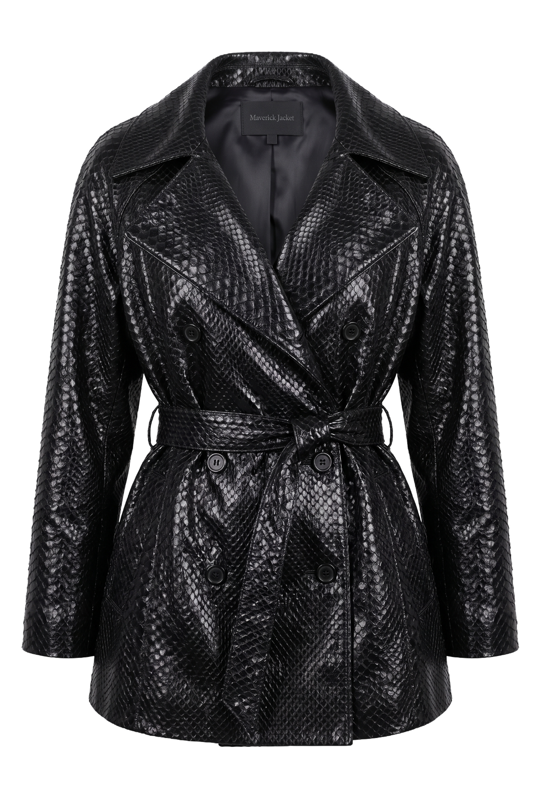 Maverick Elara black embossed leather trench, front view in ghost mannequin with wide notch lapels, double-breasted buttons and tie belt.
