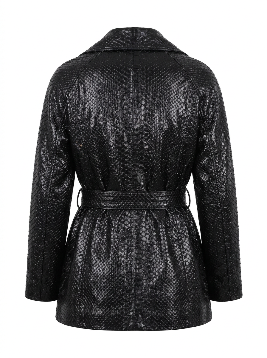 Maverick Elara black embossed leather trench, front view in ghost mannequin with wide notch lapels, double-breasted buttons and tie belt.