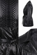 Maverick Elara embossed leather trench with a crocodile or python skin pattern, shown in a multi-view collage including a close-up of the patterned fabric, a side profile, and a collar detail.