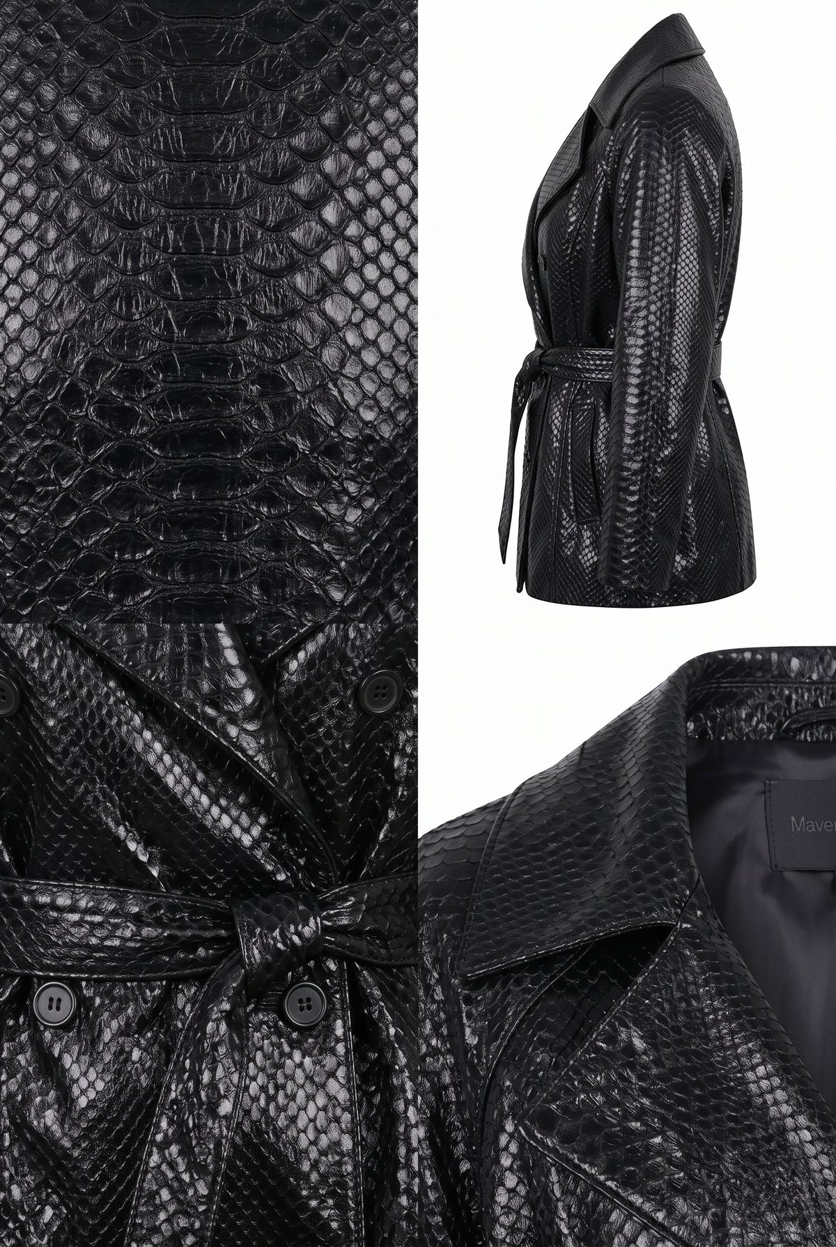 Maverick Elara embossed leather trench with a crocodile or python skin pattern, shown in a multi-view collage including a close-up of the patterned fabric, a side profile, and a collar detail.