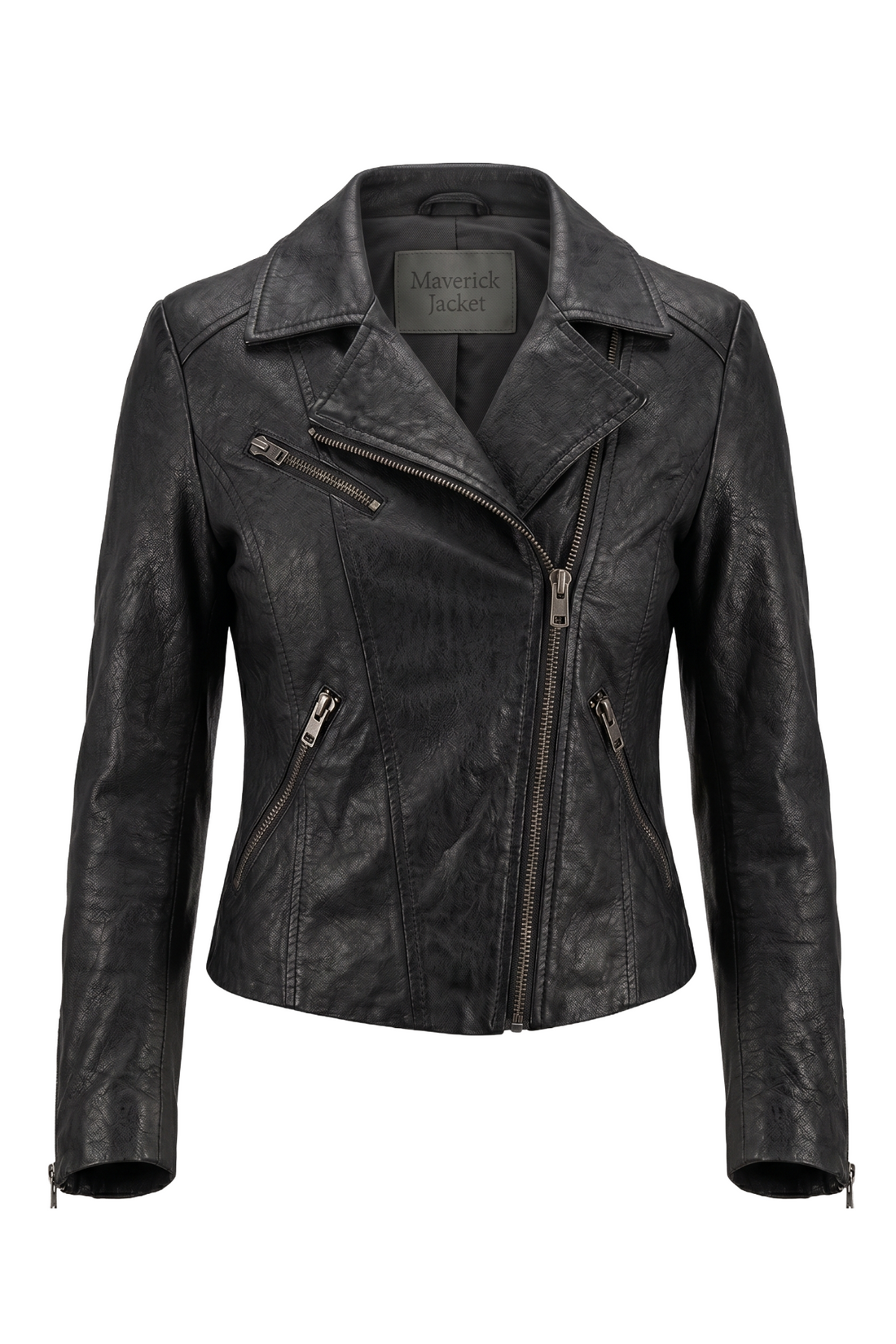 Maverick Praxis black leather double rider jacket, front view in ghost mannequin with notch lapels, asymmetric zipper and zip pockets.