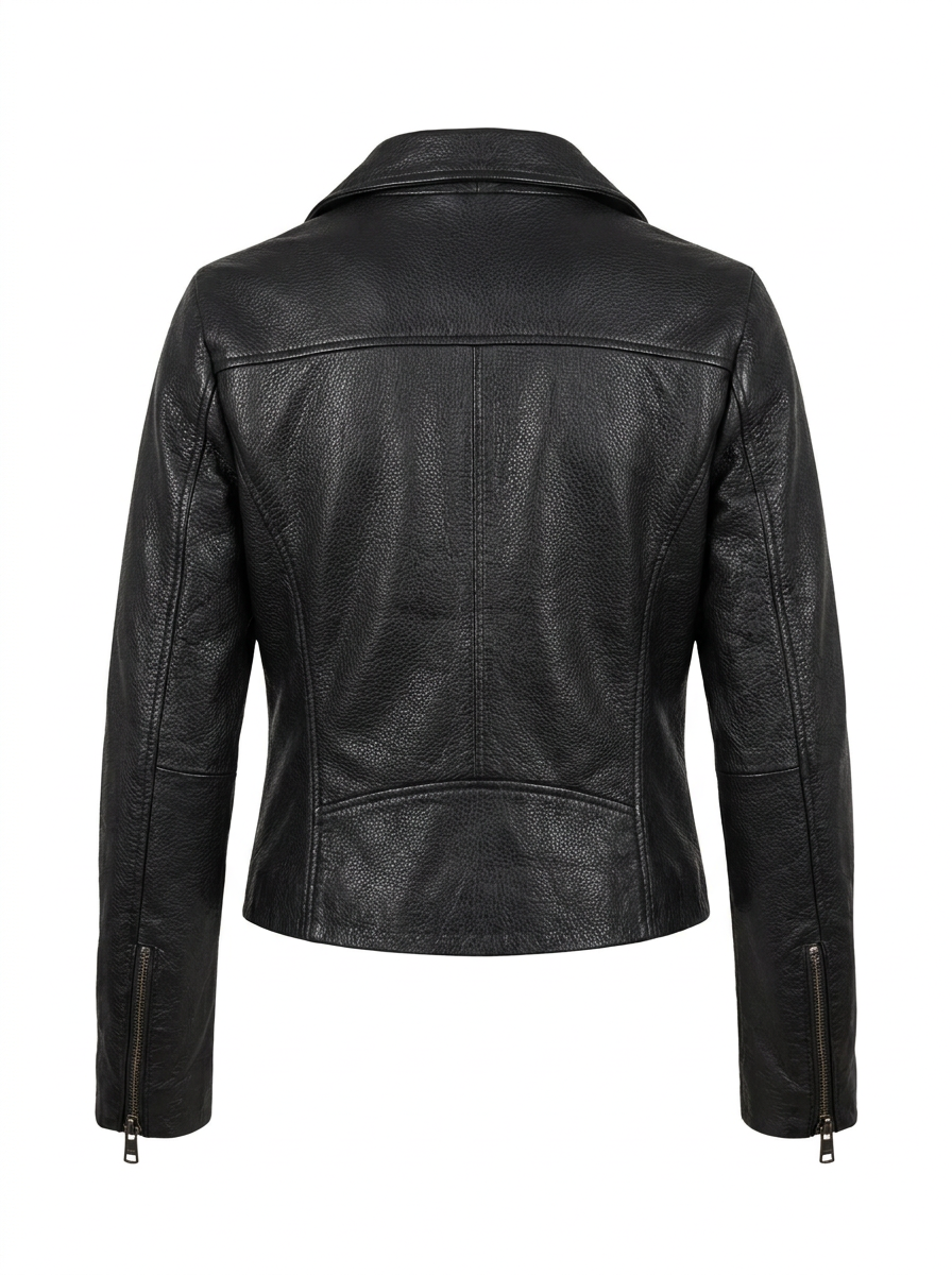 Maverick Praxis black leather double rider jacket, front view in ghost mannequin with notch lapels, asymmetric zipper and zip pockets.