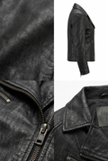 Maverick Praxis Black double rider jacket shown in a multi-view collage, including a close-up of the textured leather, the side profile, the front zipper area, and the collar with a visible 'Maverick Jacket' label.