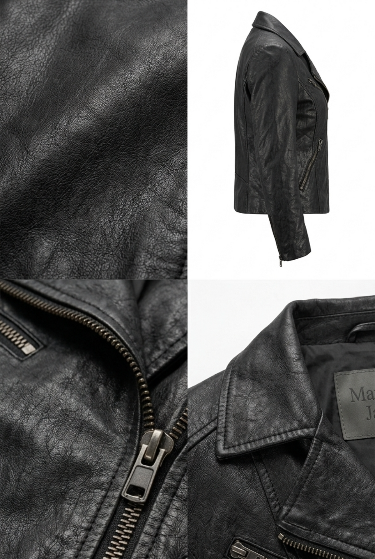 Maverick Praxis Black double rider jacket shown in a multi-view collage, including a close-up of the textured leather, the side profile, the front zipper area, and the collar with a visible 'Maverick Jacket' label.