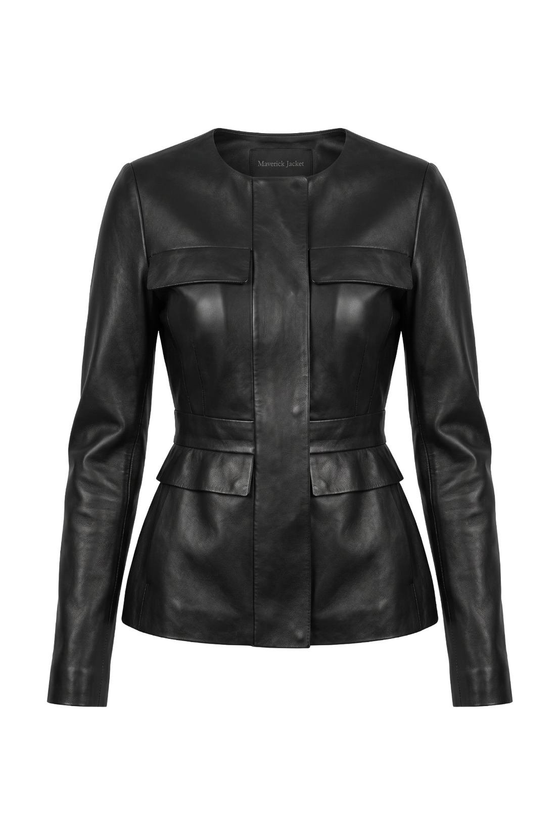 Maverick Eris black leather collarless peplum jacket, front view in ghost mannequin with jewel neckline, four flap pockets and flared hem.