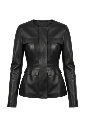 Black Leather Collarless Peplum Jacket | Maverick Eris