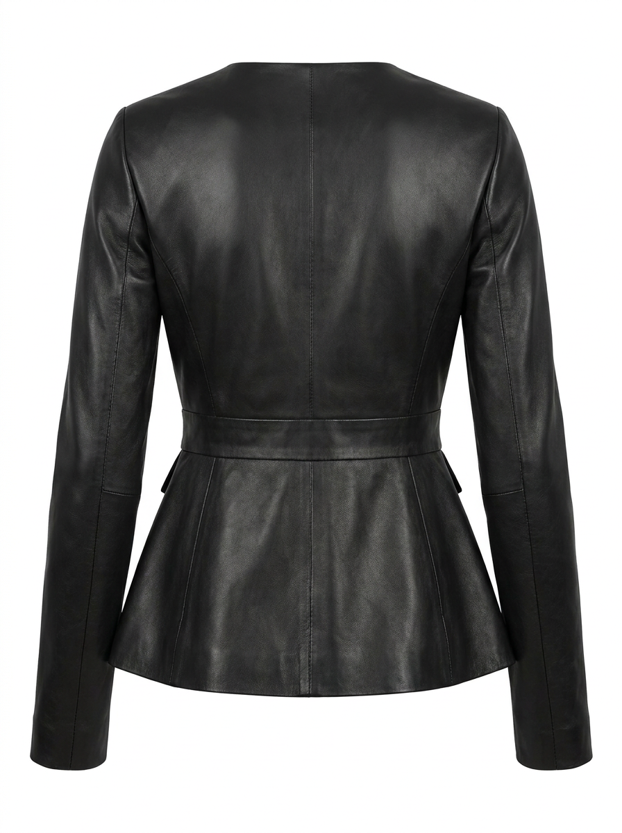 Maverick Eris black leather collarless peplum jacket, front view in ghost mannequin with jewel neckline, four flap pockets and flared hem.