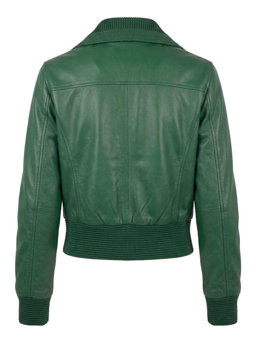 Maverick Kestrel green leather collared bomber jacket, front view in ghost mannequin with metal zipper, ribbed collar, cuffs and hem.