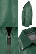 A Maverick Kestrel collared bomber jacket shown in a multi-view collage: a close-up of the leather texture, a side profile view, a zipper detail, and a collar detail with a visible 'Maverick Jacket' label.