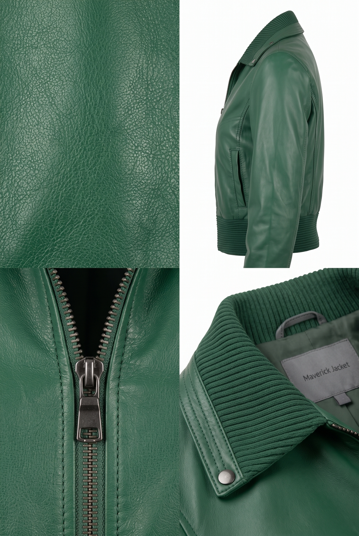 A Maverick Kestrel collared bomber jacket shown in a multi-view collage: a close-up of the leather texture, a side profile view, a zipper detail, and a collar detail with a visible 'Maverick Jacket' label.
