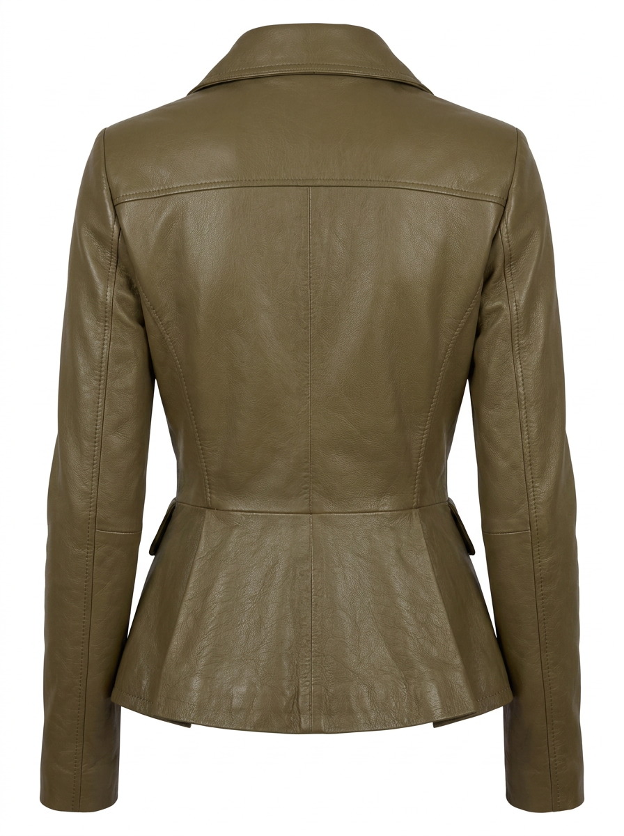 Maverick Caliber olive leather peplum jacket, front view in ghost mannequin with double-breasted black buttons, lapels and flap pockets.