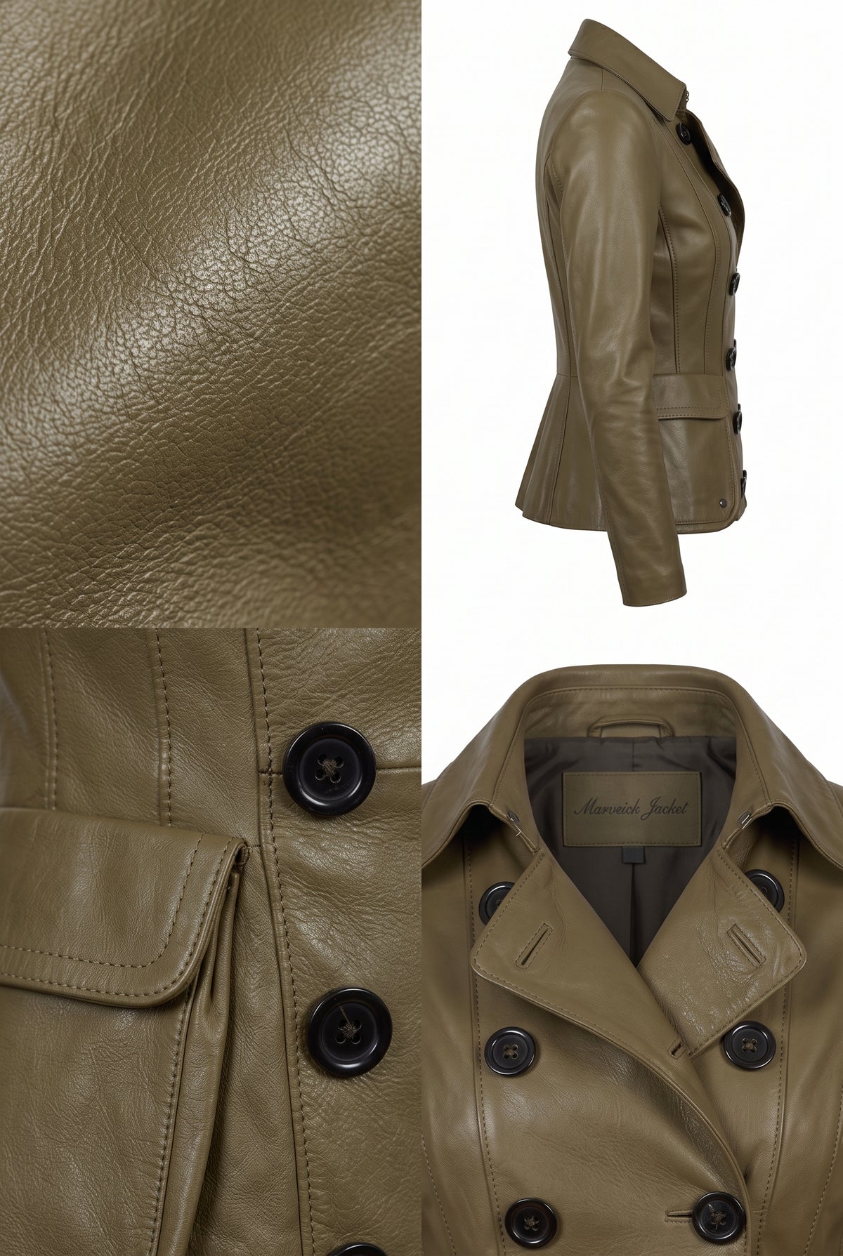 A split collage showing a Maverick Caliber peplum jacket from multiple angles: a close-up of the leather texture on the left, a side profile on the top right, and a front view with buttons and collar on the bottom right. The jacket has a structured collar, front buttons, flap pockets, and a visible interior label reading 'Maverick Jacket'.