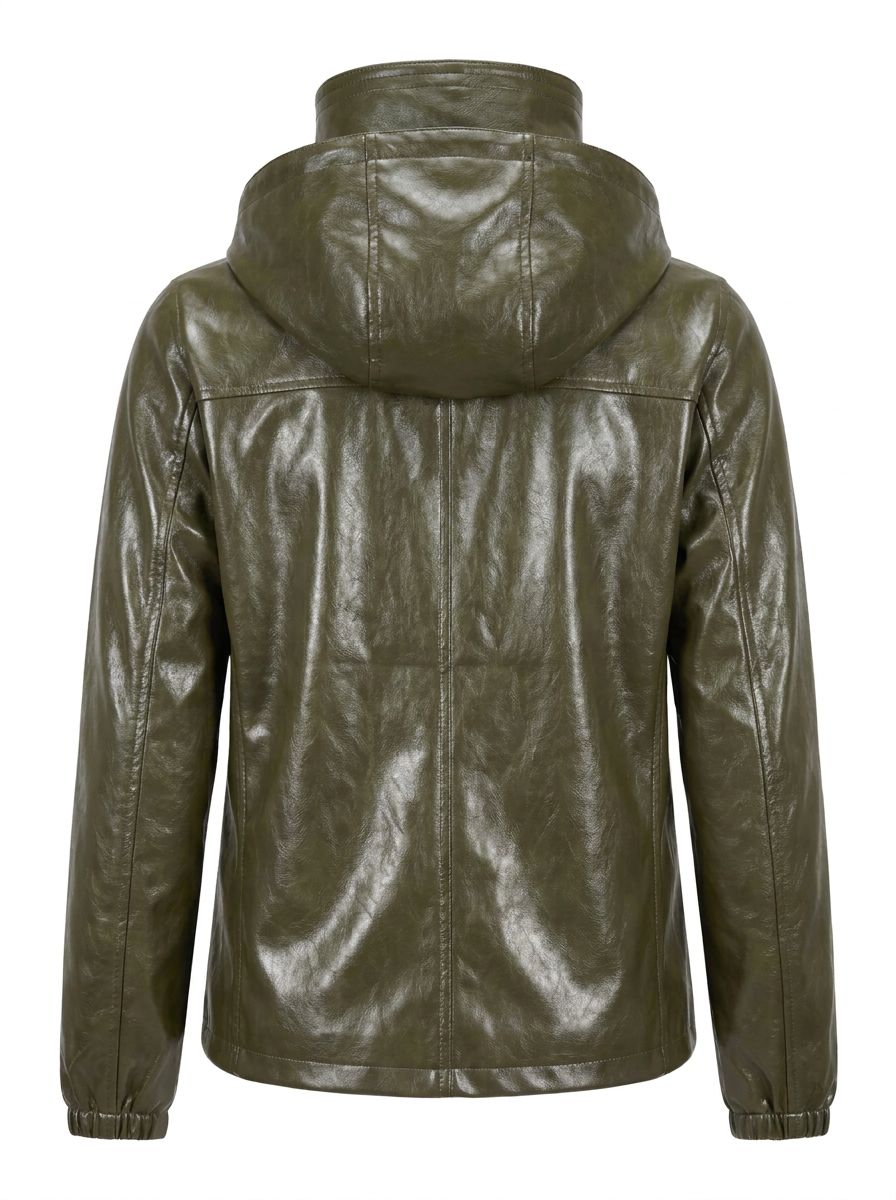 Maverick Torrent leather hooded windbreaker, front view in ghost mannequin with glossy olive finish, metal zipper and high wrap collar.