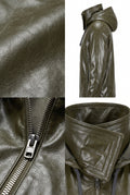 An Maverick Torrent olive green leather hooded windbreaker shown in a multi-view collage, featuring a close-up of the textured leather, a side profile view with a hood, a zipper detail, and a folded collar view.