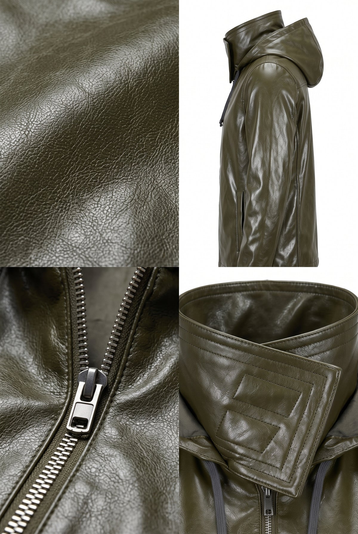 An Maverick Torrent olive green leather hooded windbreaker shown in a multi-view collage, featuring a close-up of the textured leather, a side profile view with a hood, a zipper detail, and a folded collar view.