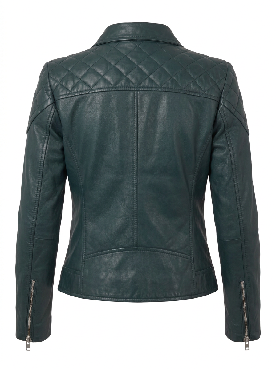 Maverick Lancer teal leather moto biker jacket, front view in ghost mannequin with quilted shoulders, asymmetric zipper and zip pockets.