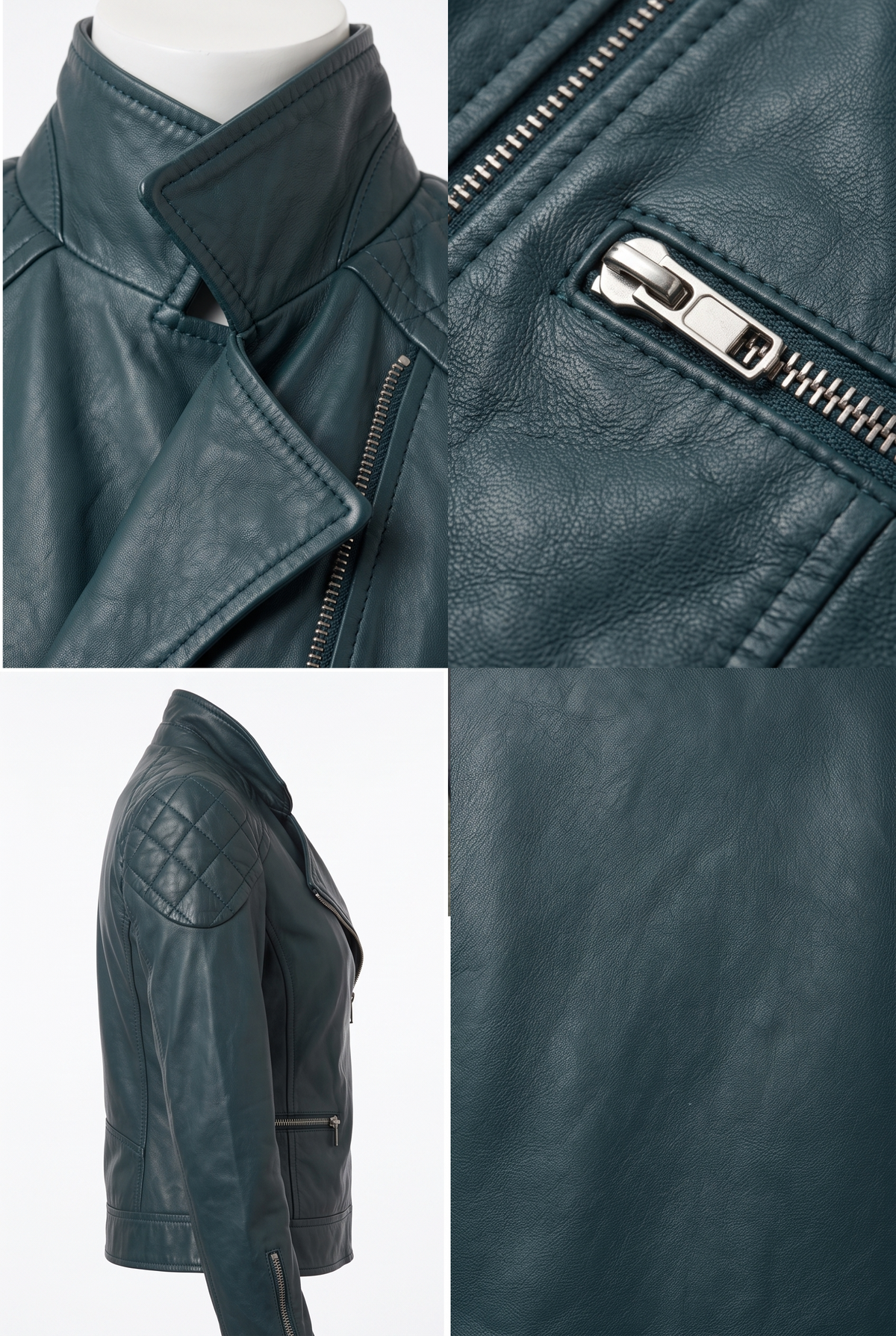 A Maverick Lancer moto biker jacket shown in multiple views: a close-up of the collar and zipper, a close-up of the chest pocket, a side profile on a mannequin, and a fabric texture close-up. The jacket features a silver-toned zipper pull.