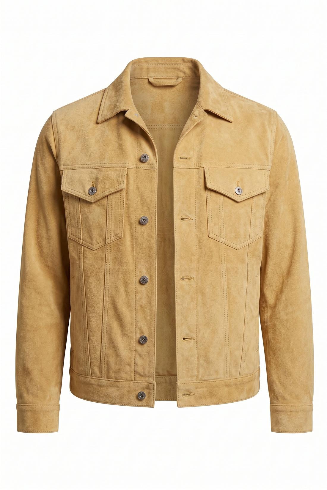 Front view of the Maverick Vance camel suede trucker jacket, showing its point collar, button front and two flap chest pockets.