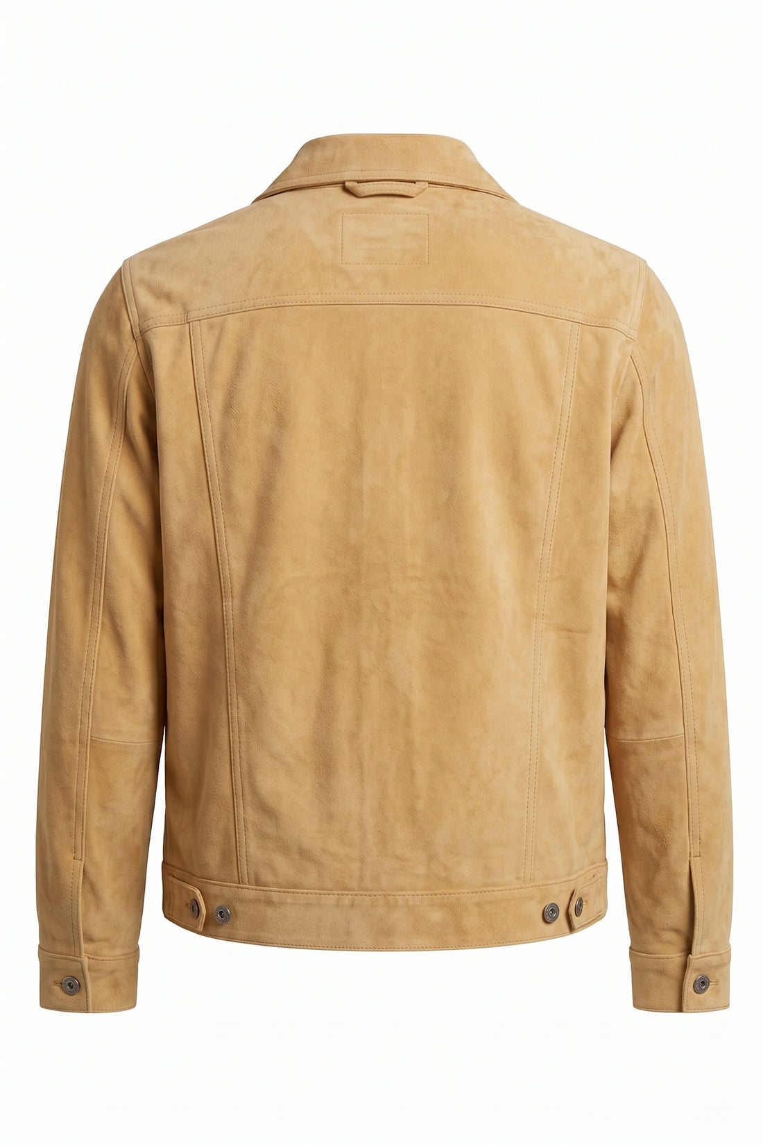 Front view of the Maverick Vance camel suede trucker jacket, showing its point collar, button front and two flap chest pockets.