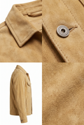 A tan suede jacket shown in a three-panel collage: close-up of the collar and snap-button detail at top right, a side profile view at bottom left, and a large texture close-up at right.