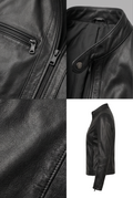 Maverick Sabine black leather cafe racer jacket shown in a four-panel collage: close-up of the zipper pocket, collar and snap detail, leather texture close-up, and side profile on a white background.