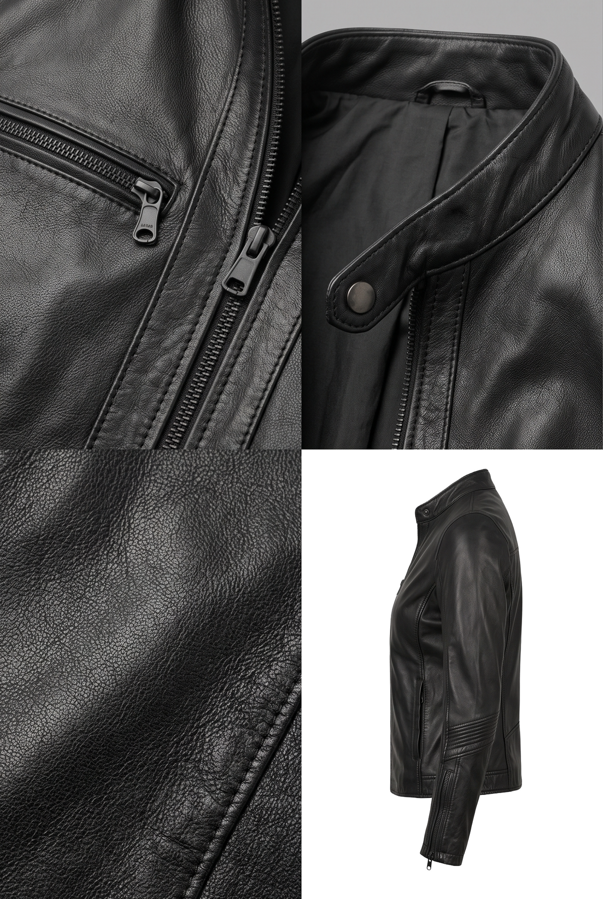 Maverick Sabine black leather cafe racer jacket shown in a four-panel collage: close-up of the zipper pocket, collar and snap detail, leather texture close-up, and side profile on a white background.