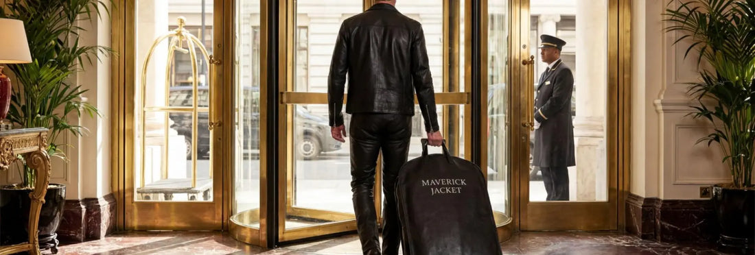 Man in leather jacket pulling a suitcase with 'MAVERICK JACKET' on it, Exiting a building.