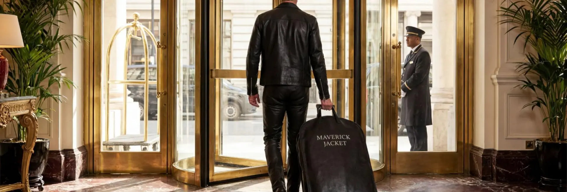 Man in leather jacket pulling a suitcase with 'MAVERICK JACKET' on it, Exiting a building.