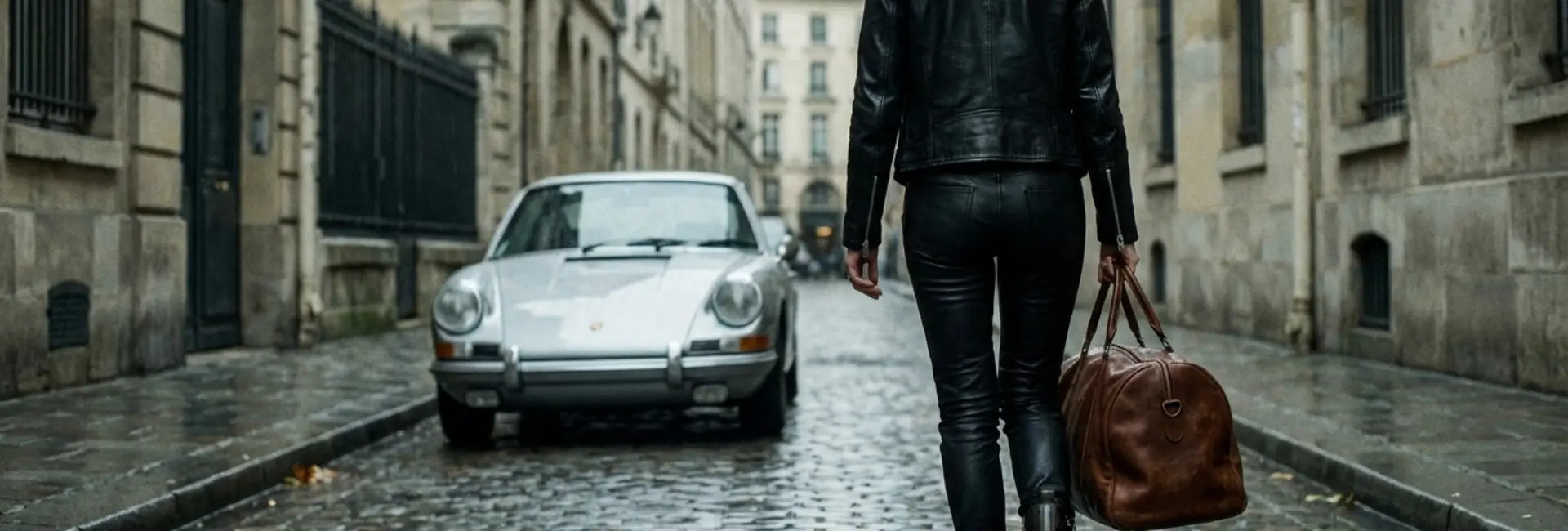 women walking with a suitcase on a city street, with a vintage car in the background, wearing leather outfit.