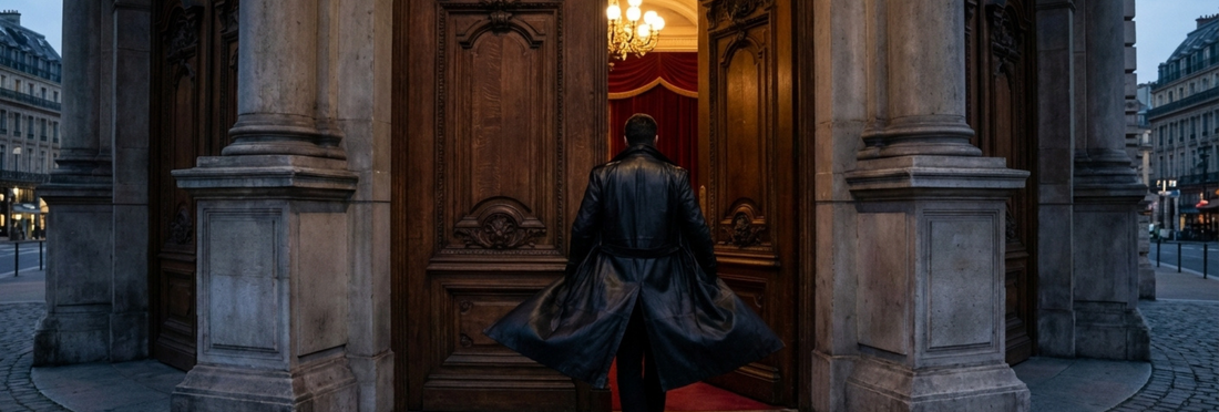Person in a long black leather coat walking towards an ornate wooden door in an urban setting