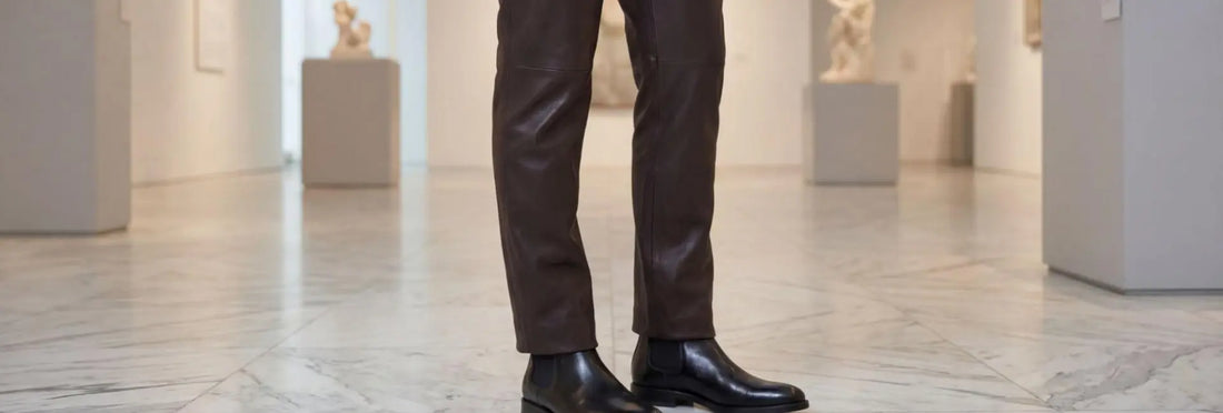 Person wearing dark leather pants and shoes in a museum setting