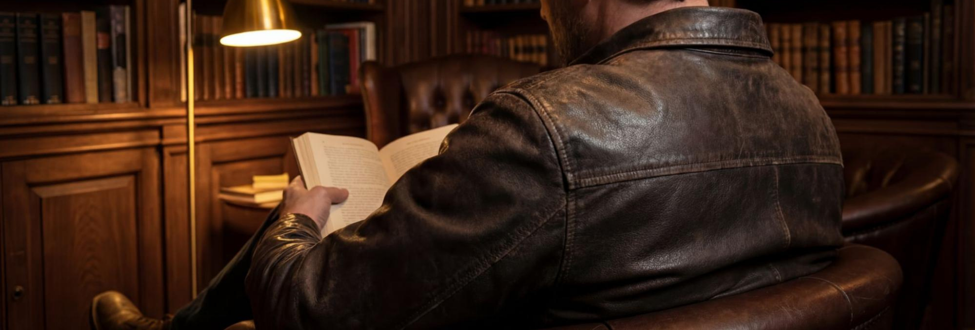Person in a leather shirt reading a book in a library setting
