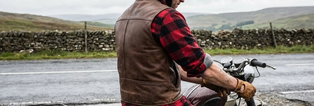 Person wearing a brown leather vest and red plaid shirt on a motorcycle in a rural setting.