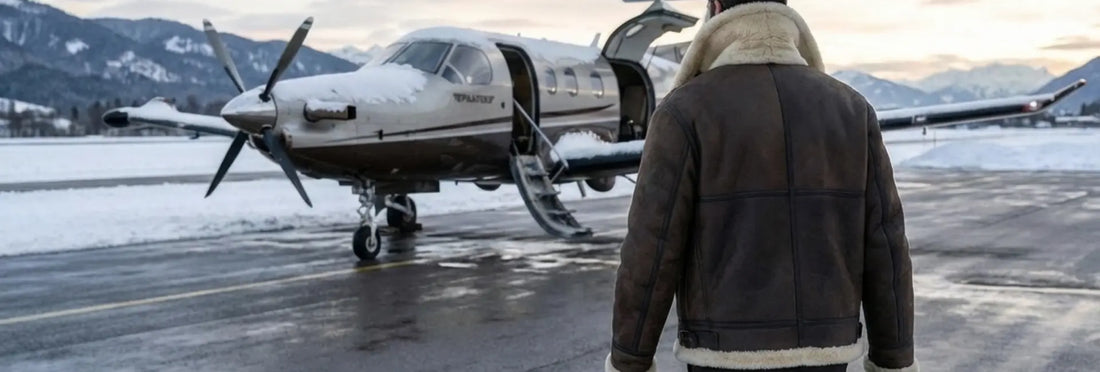 Person in a leather jacket with fur standing on a snowy tarmac next to a small airplane