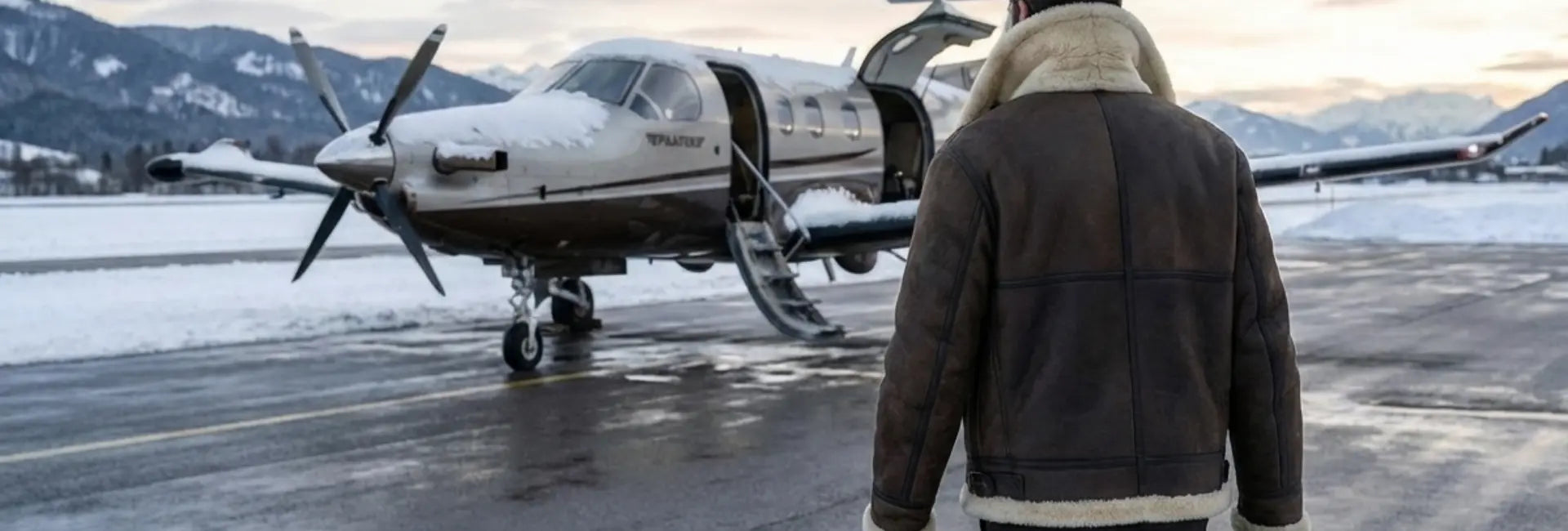 Person in a leather jacket with fur standing on a snowy tarmac next to a small airplane