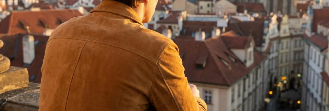 Person in a brown suede jacket overlooking a cityscape with red rooftops