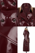 A Maverick Ravenna patent leather trench coat shown in multiple views: a close-up of the lapel and buttons, a front view on a mannequin with tan collar lining, and a side profile on a white background. The coat has a high-shine patent finish and a belted waist.