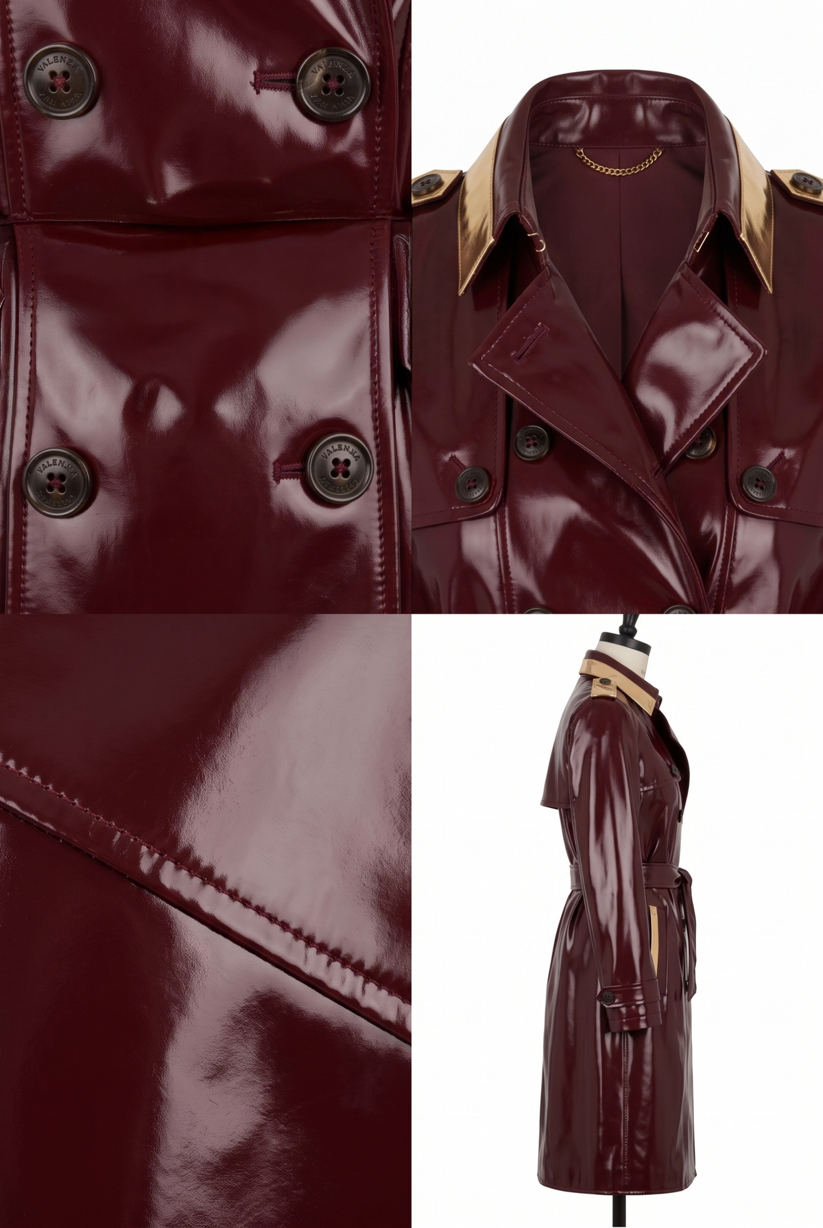A Maverick Ravenna patent leather trench coat shown in multiple views: a close-up of the lapel and buttons, a front view on a mannequin with tan collar lining, and a side profile on a white background. The coat has a high-shine patent finish and a belted waist.