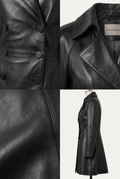 Maverick Odessa black leather double-breasted coat shown in a four-panel collage: close-up of front buttons, collar and lapel detail, fabric texture close-up, and side view on a mannequin against a light neutral background.