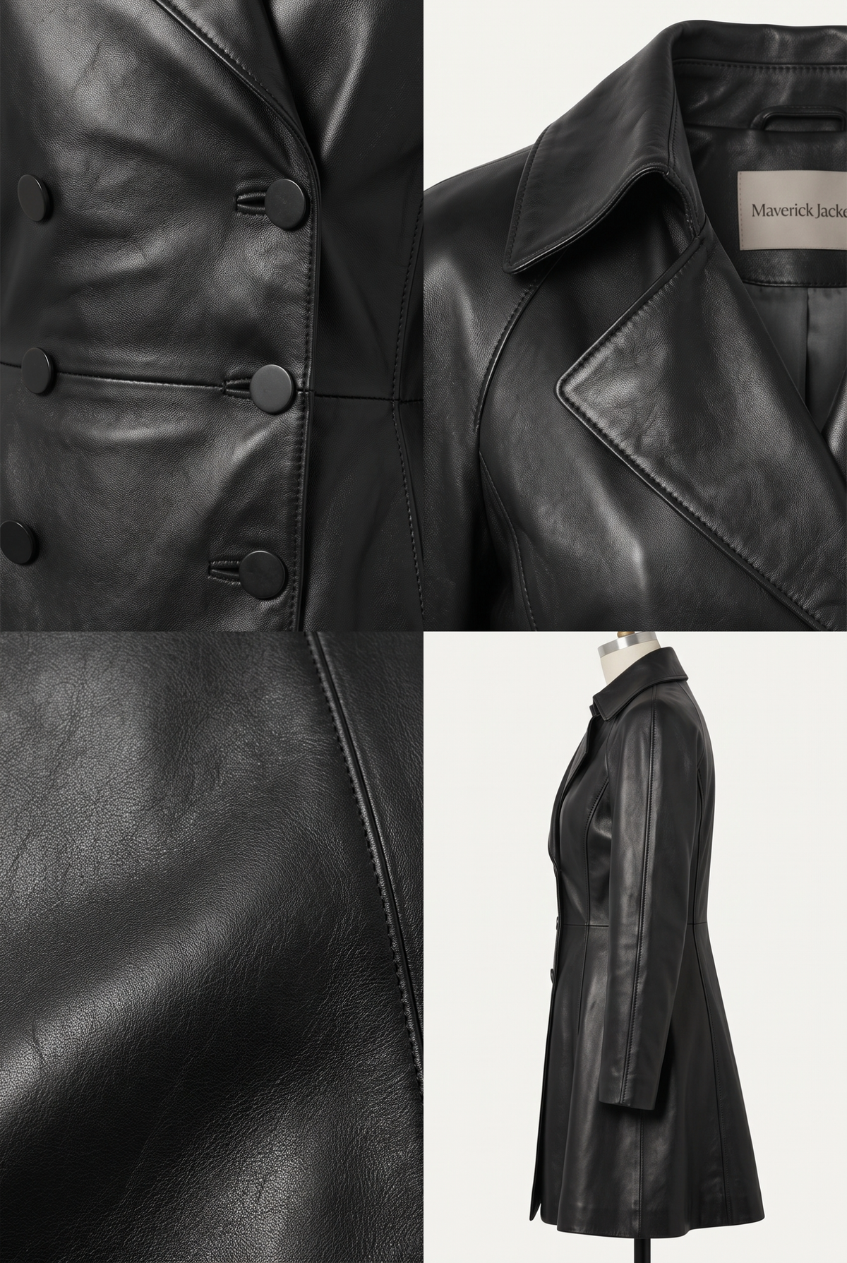 Maverick Odessa black leather double-breasted coat shown in a four-panel collage: close-up of front buttons, collar and lapel detail, fabric texture close-up, and side view on a mannequin against a light neutral background.