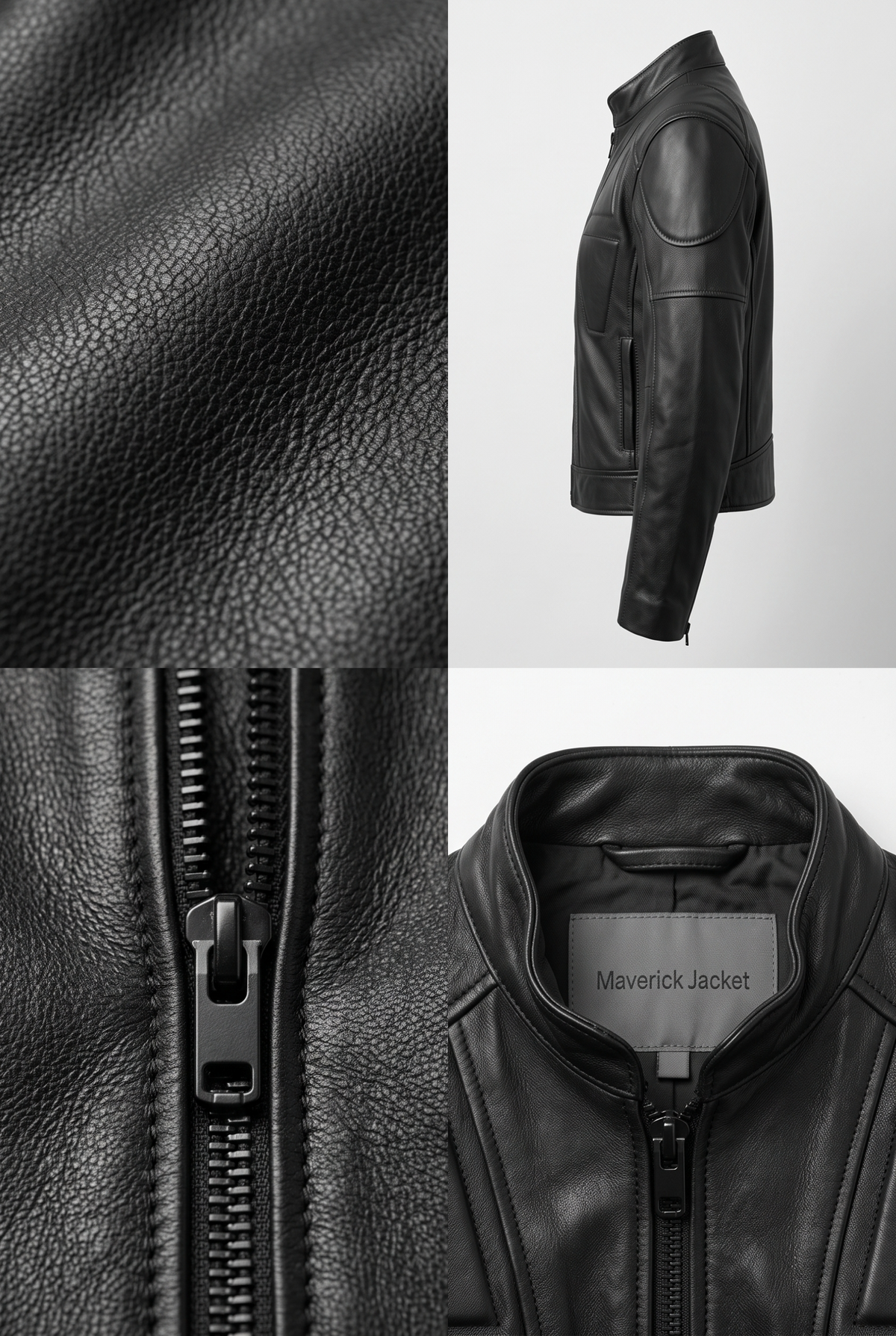 Close-up of the Maverick Nyra black leather track moto jacket, showing dark metal zipper teeth and textured leather.