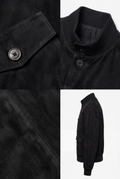 A Maverick Soren black suede A-1 flight jacket shown in a three-panel collage: close-up of the collar and snap-button placket, close-up of the sleeve cuff and button detail, and a side view on a light gray background.