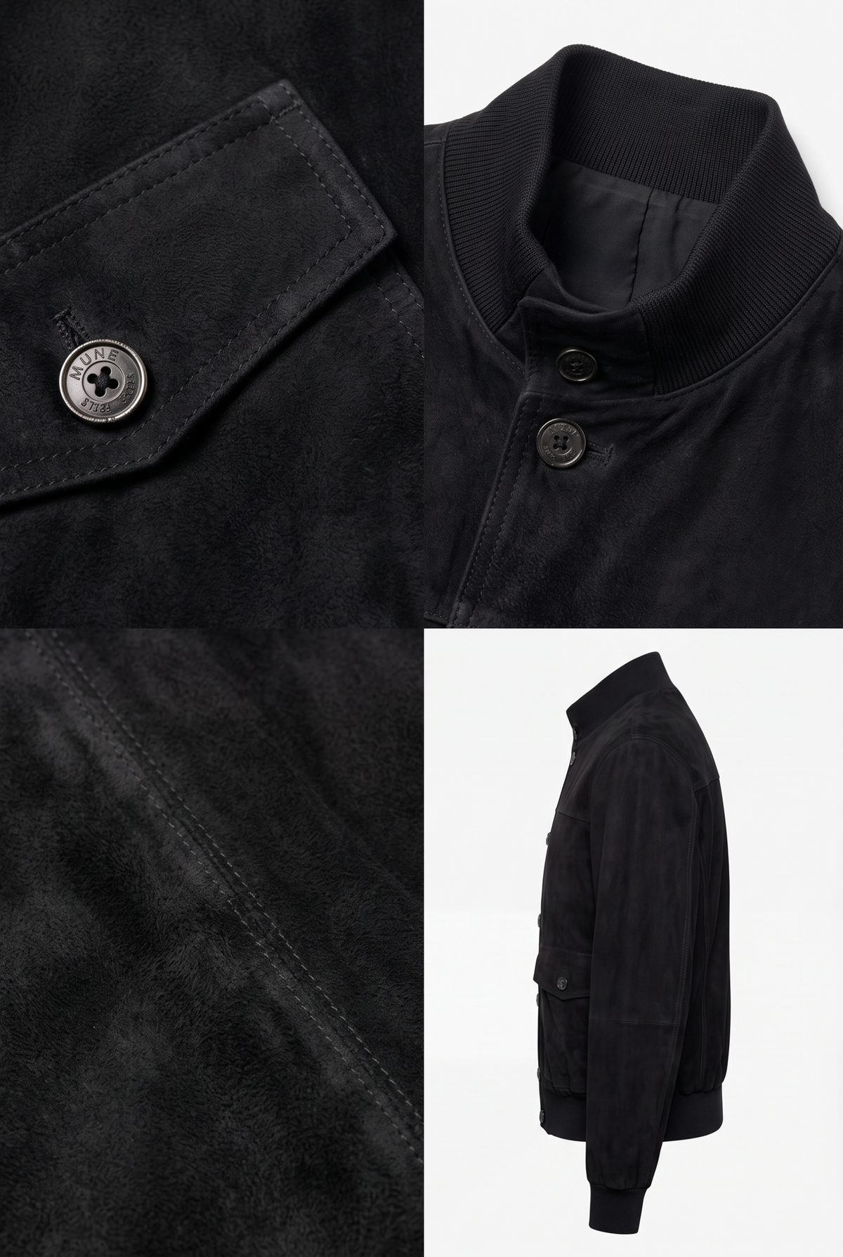 A Maverick Soren black suede A-1 flight jacket shown in a three-panel collage: close-up of the collar and snap-button placket, close-up of the sleeve cuff and button detail, and a side view on a light gray background.