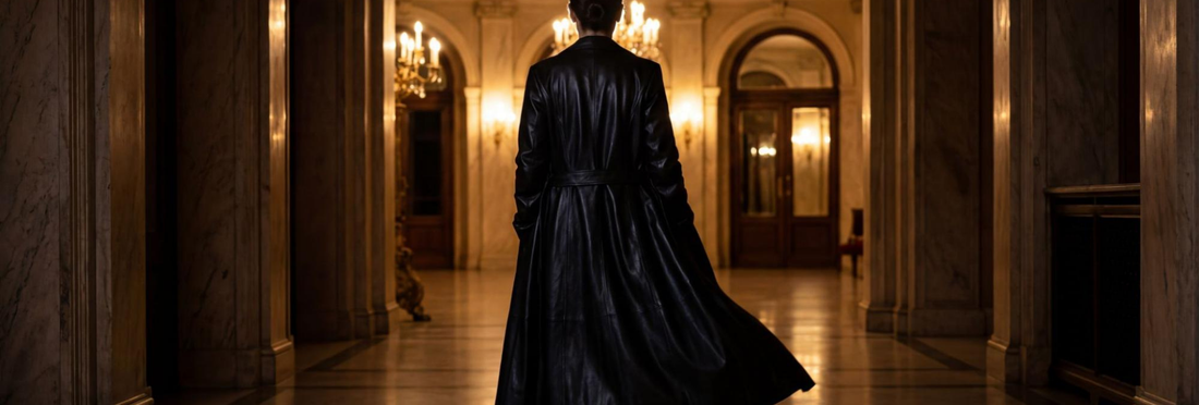 Person in a black leather coat walking through an elegant hallway with chandeliers.