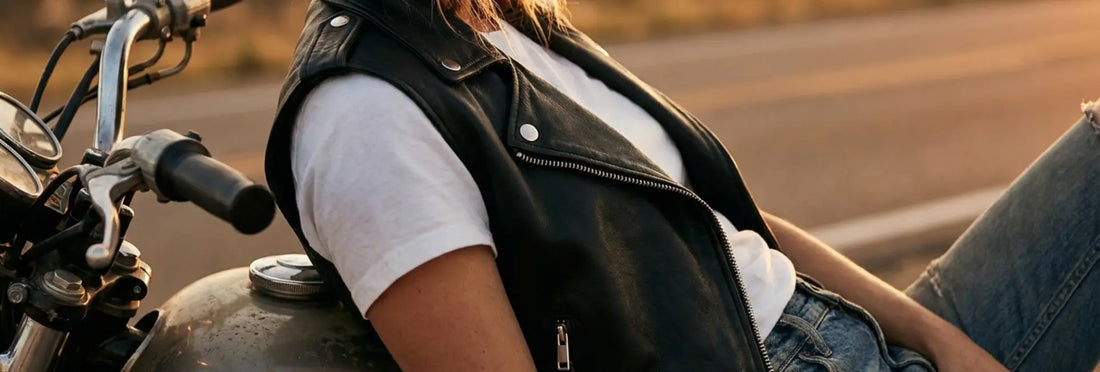 Person wearing a black leather vest sitting on a motorcycle with a blurred background