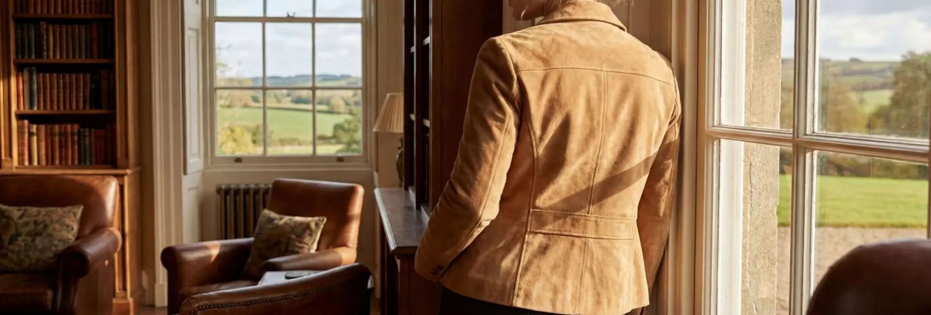 Person in a brown suede jacket standing by a window with a view of a garden.