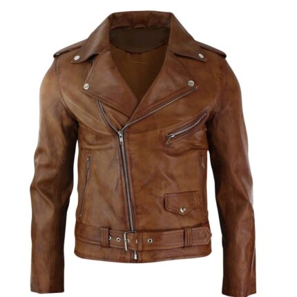 men's brown leather motorcycle jacket