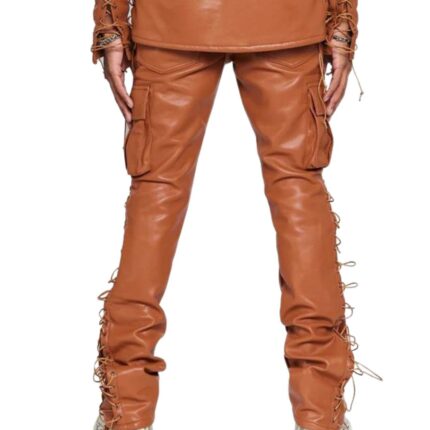 brown stacked leather pants