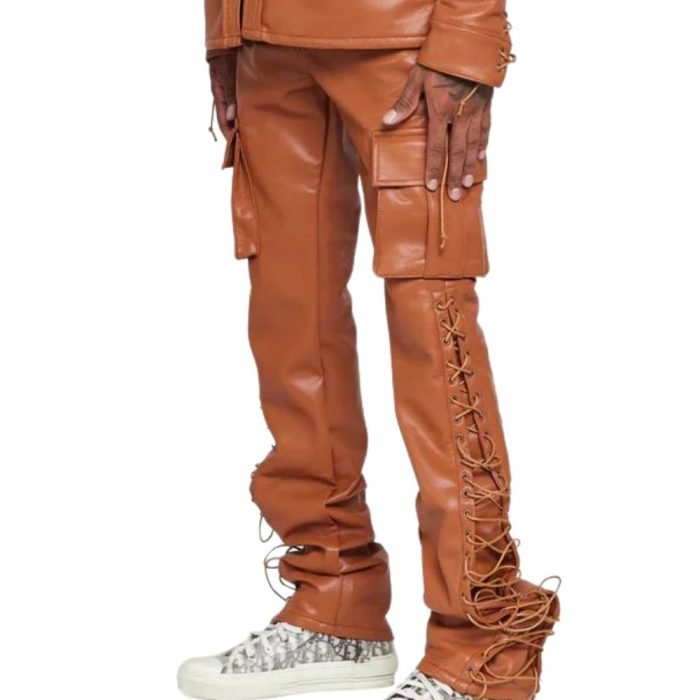 fashionable brown stacked pants mens