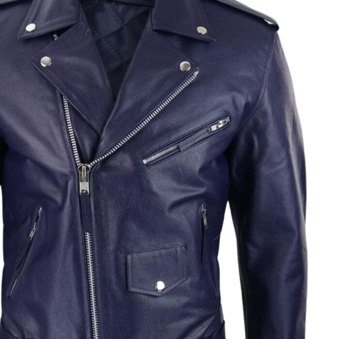 leather biker jacket blue